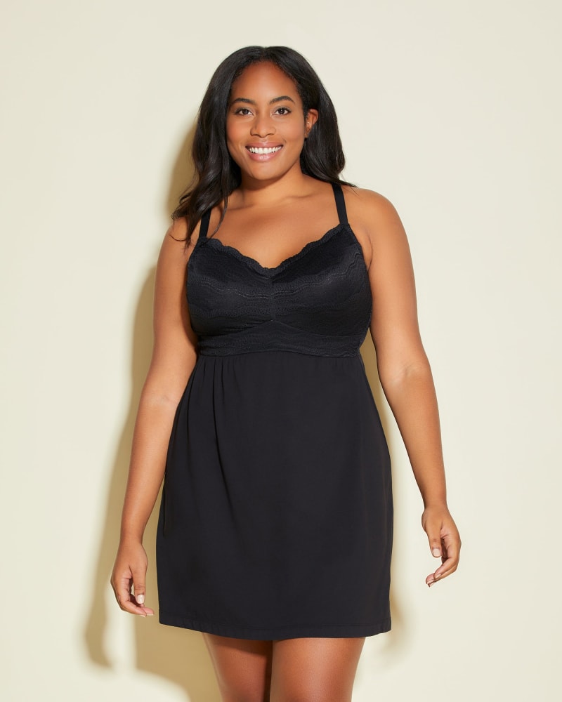Front of a model wearing a size 1X Dolce Babydoll Chemise in Black by Cosabella. | dia_product_style_image_id:273596